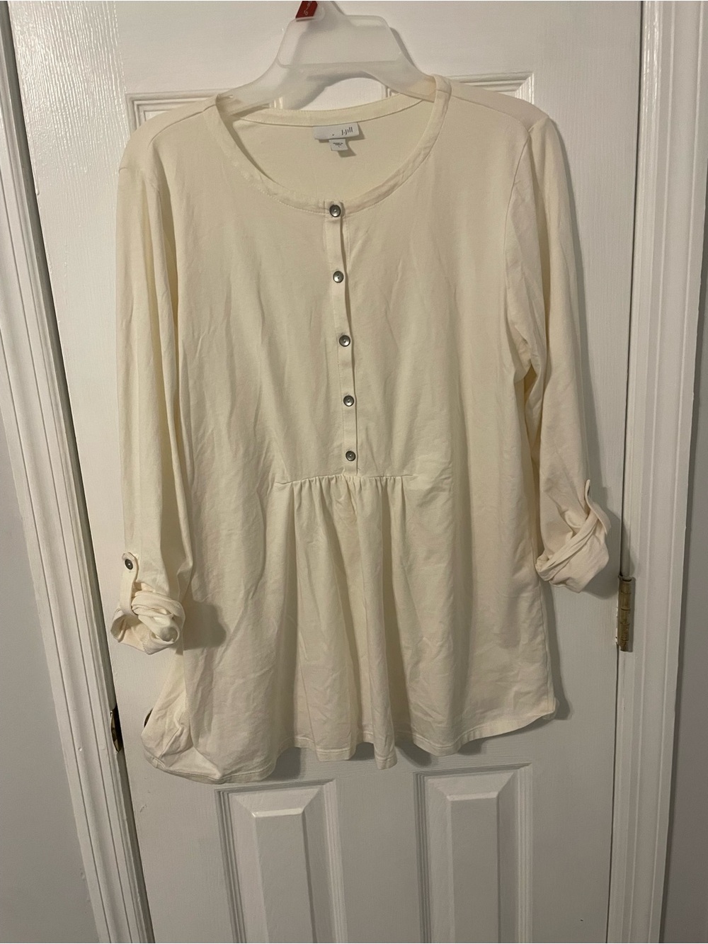 J Jill Cream Button-Front Roll Cuff Long-Sleeve Top Cotton Shirt